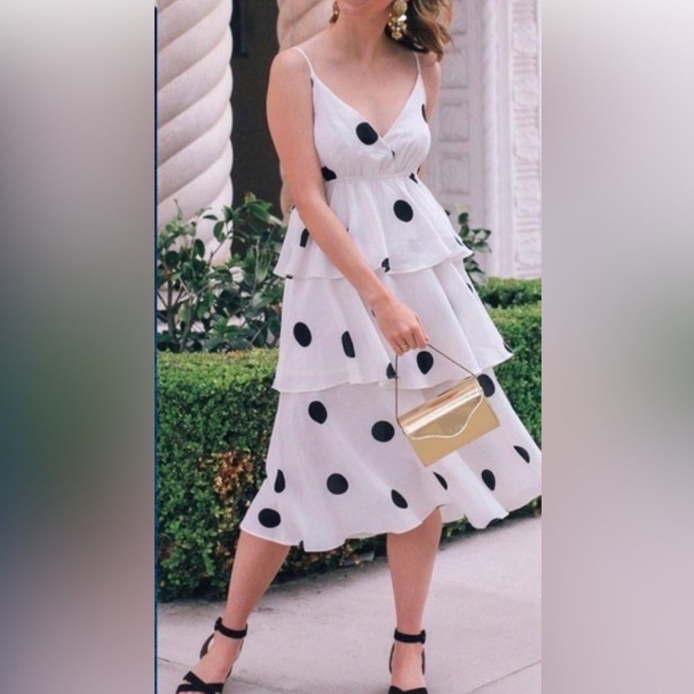 O.P.T White Dress with Black Polka Dot Tiered Midi Dress Size Medium C11-057